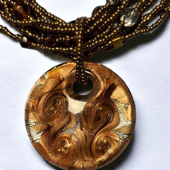 Vintage Murano Glass Pendant Beaded Necklace Beads Bronze Copper Glass 1990s 18" - Picture 2 of 7